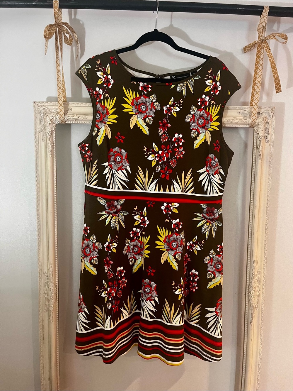 New York & Company Army Green Floral Midi Dress with Red & Yellow Accents